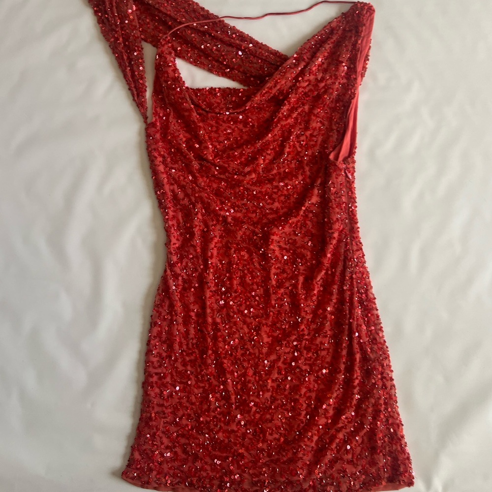 Retrofête assymetrical red sequin mini dress